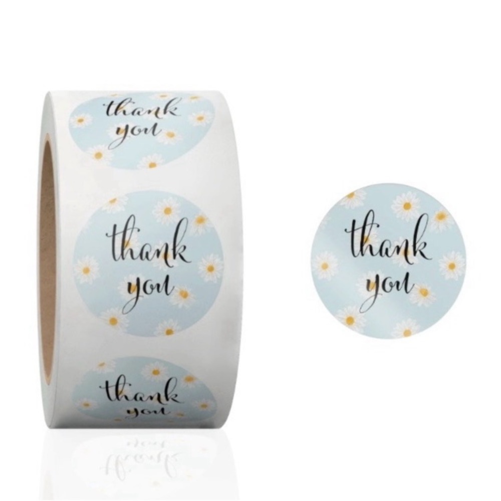 500 Thank You Stickers Roll 1.5” Daisy Floral Packaging Labels Blue White Ship